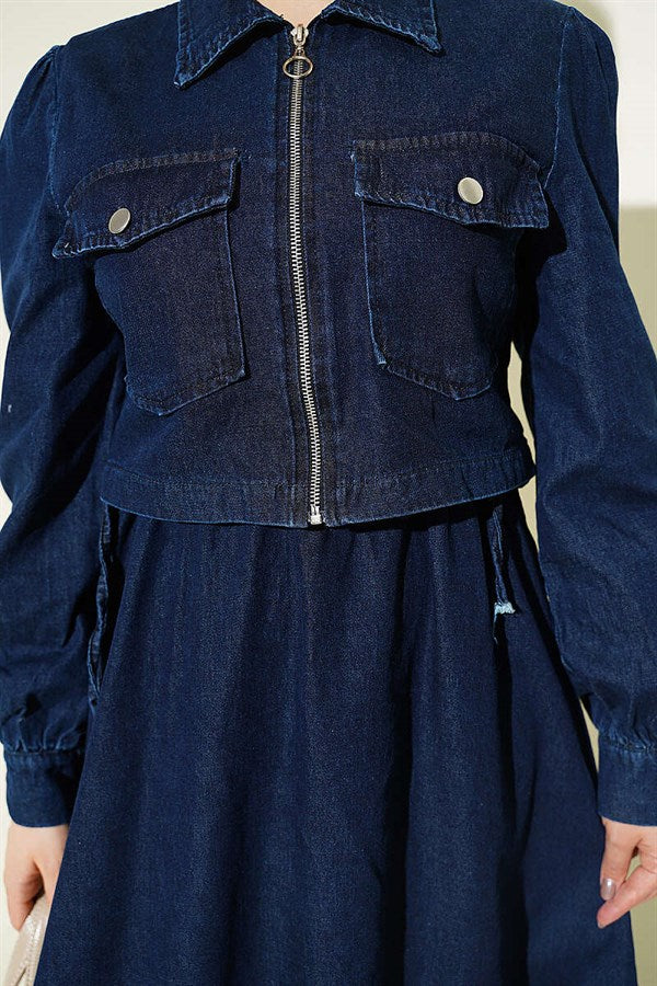 Waistband Zip-Up Vest 2 Piece Set in Dark Denim