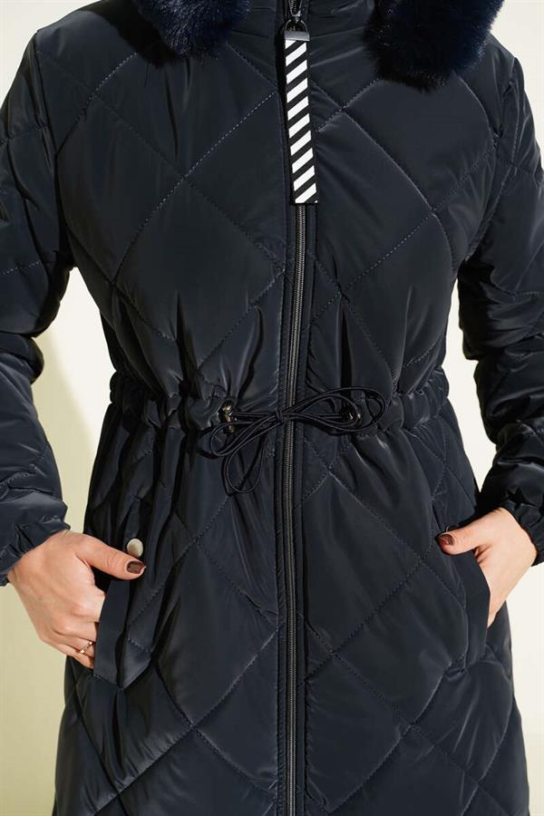Waist Tunnel Zippered Hooded Quilted Coat Navy Blue