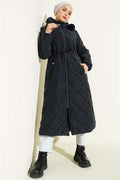 Waist Tunnel Zippered Hooded Quilted Coat Navy Blue