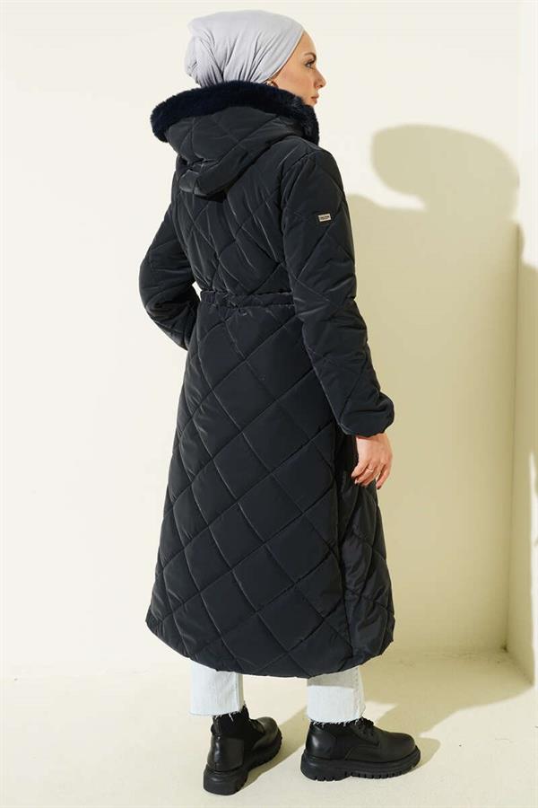 Waist Tunnel Zippered Hooded Quilted Coat Navy Blue