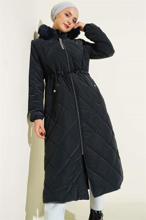 Waist Tunnel Zippered Hooded Quilted Coat Navy Blue