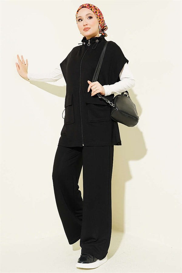 Loisha Vest 2 Piece Set with Waist Tunnel and Zipper, Black