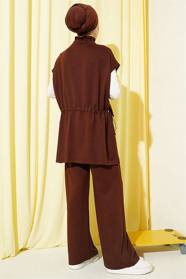 Loisha Vest 2 Piece Set with Waist Tunnel and Zipper, Coffee Color