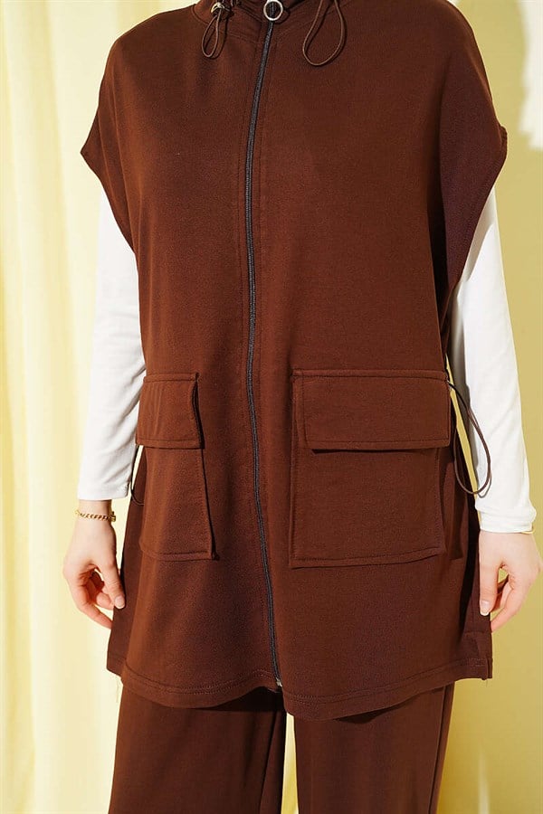 Loisha Vest 2 Piece Set with Waist Tunnel and Zipper, Coffee Color