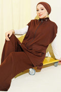 Loisha Vest 2 Piece Set with Waist Tunnel and Zipper, Coffee Color
