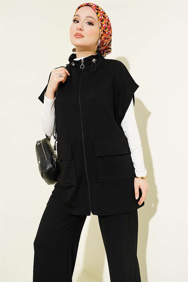 Loisha Vest 2 Piece Set with Waist Tunnel and Zipper, Black