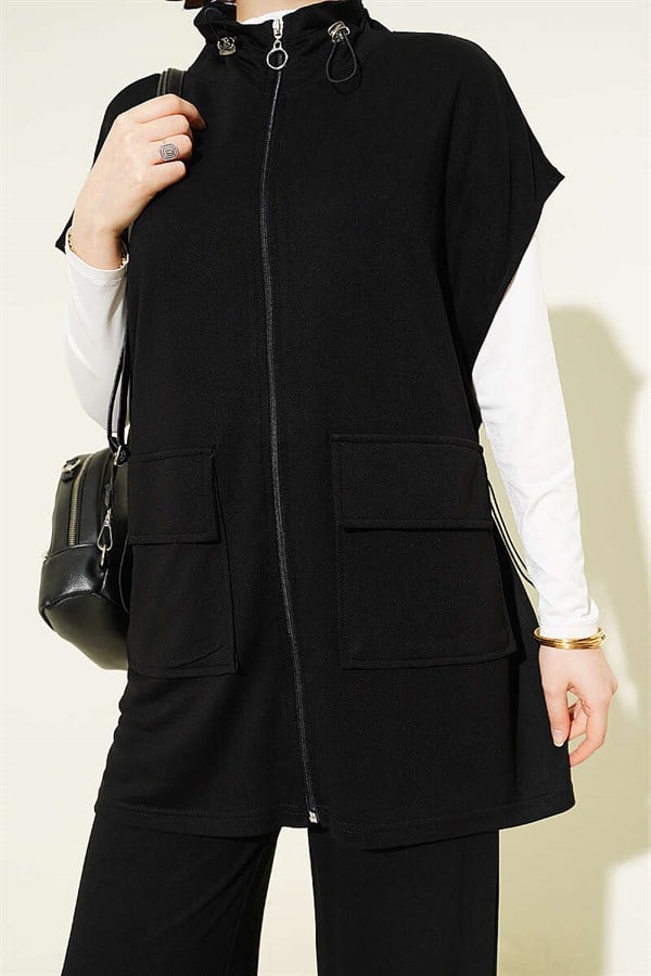 Loisha Vest 2 Piece Set with Waist Tunnel and Zipper, Black