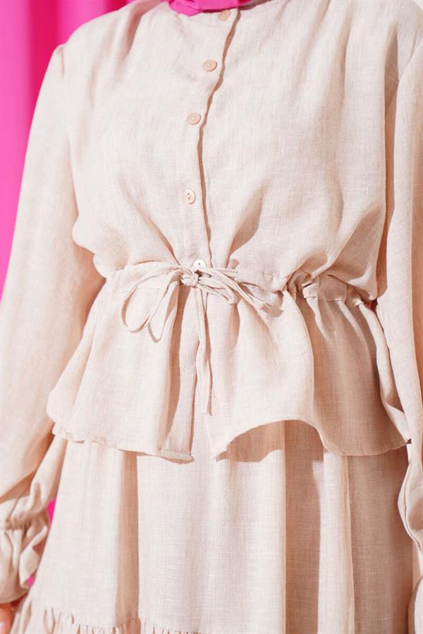 Waist Tunnel Ruffle Skirted 2 Piece Set Beige
