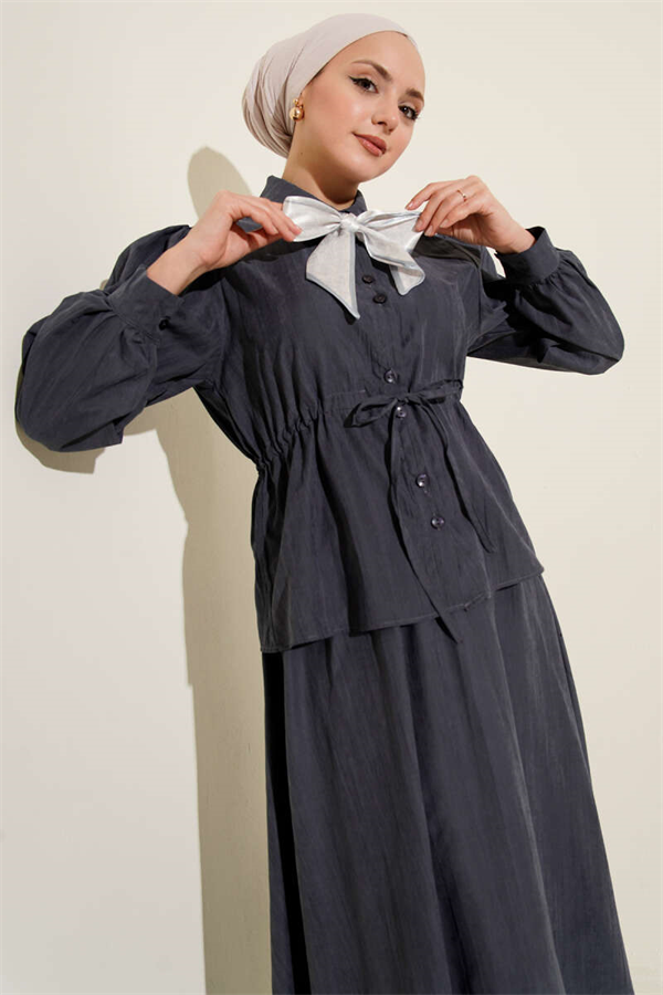 Tencel Skirt Set with Waist Tunnel and Scarf, Smoke Grey