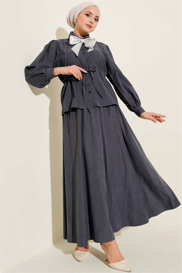 Tencel Skirt Set with Waist Tunnel and Scarf, Smoke Grey