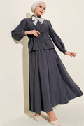Tencel Skirt Set with Waist Tunnel and Scarf, Smoke Grey