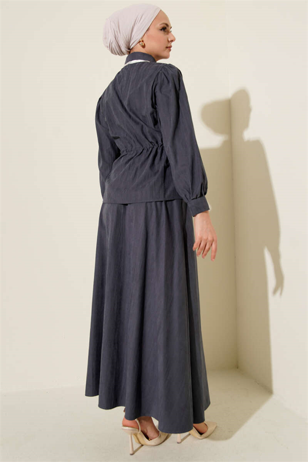 Tencel Skirt Set with Waist Tunnel and Scarf, Smoke Grey