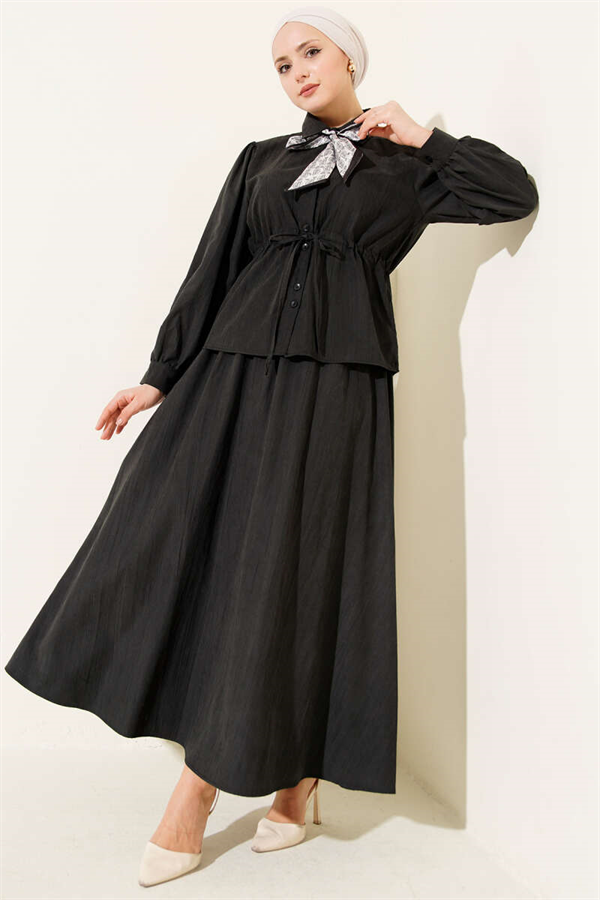 Waist Tunnel Scarf Set, Tencel Skirt, Black
