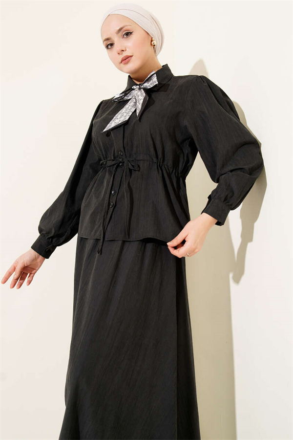 Waist Tunnel Scarf Set, Tencel Skirt, Black