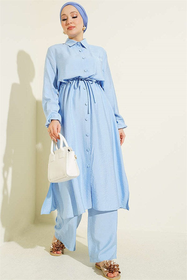 2 Piece Set with Waist Tunic and Long Collar, Blue