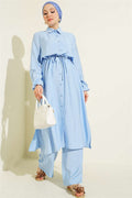 2 Piece Set with Waist Tunic and Long Collar, Blue