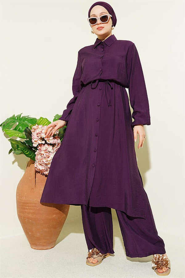 2 Piece Set with Belt Tunic and Long Collar, Plum