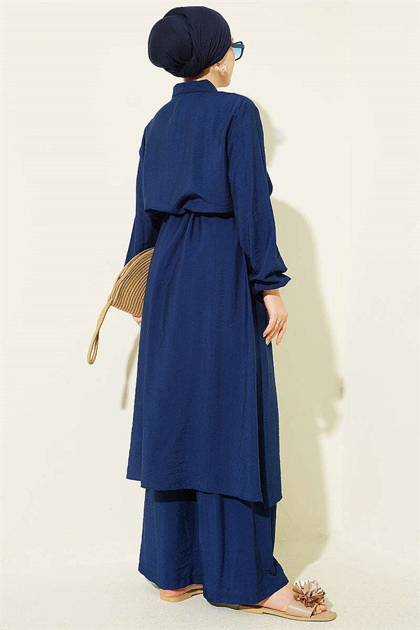 2 Piece Set with Belt Tunic and Long Collar, Navy Blue