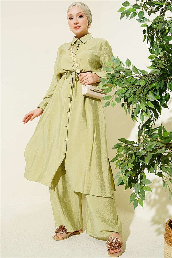 2 Piece Set with Belt Tunic and Long Collar, Light Green