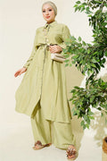 2 Piece Set with Belt Tunic and Long Collar, Light Green