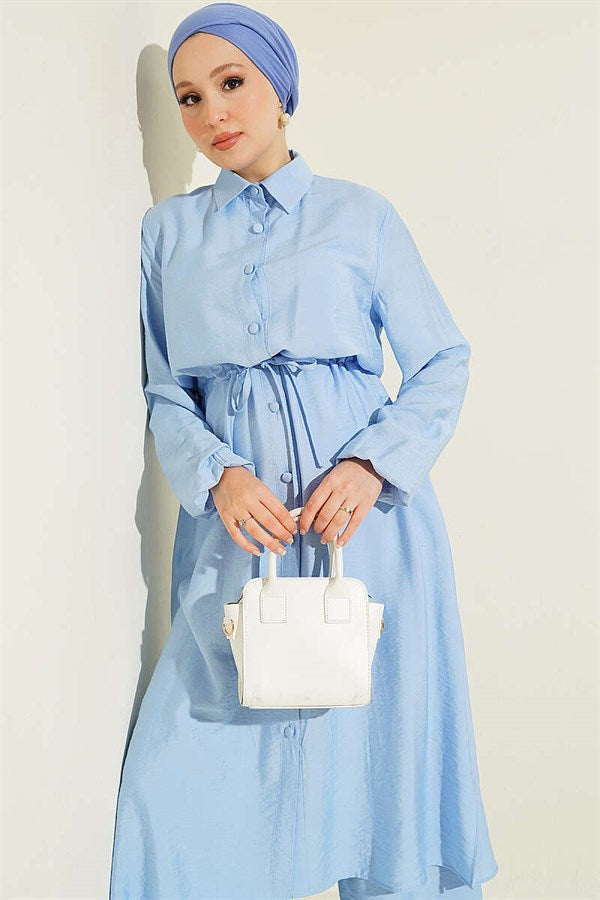 2 Piece Set with Waist Tunic and Long Collar, Blue