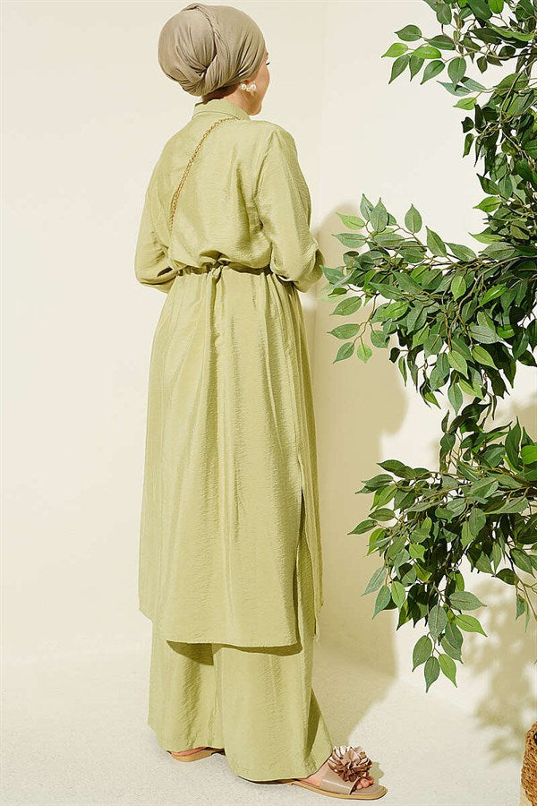 2 Piece Set with Belt Tunic and Long Collar, Light Green