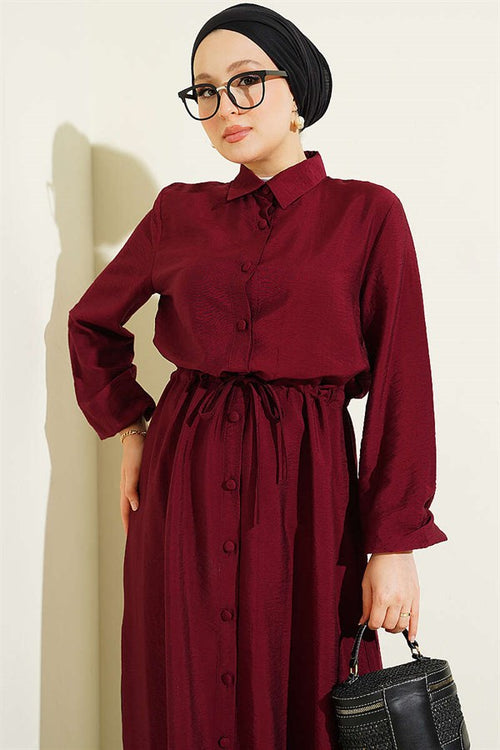 2 Piece Set with Belt Tunic and Long Collar, Burgundy
