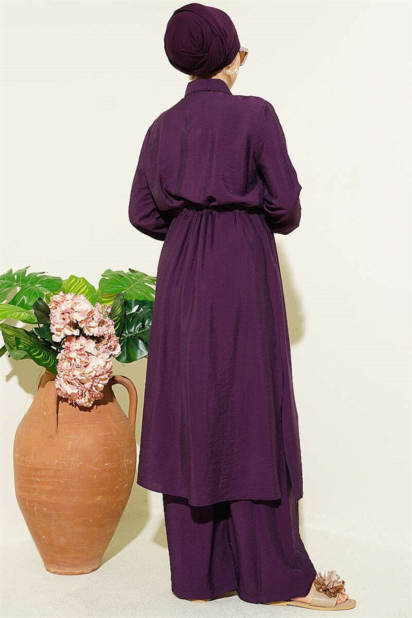 2 Piece Set with Belt Tunic and Long Collar, Plum