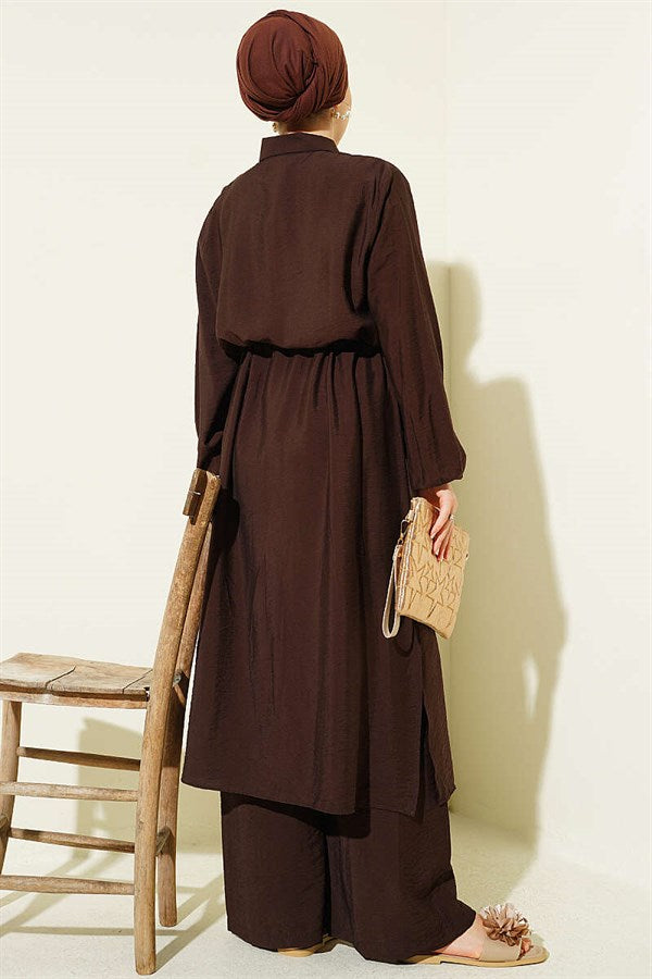 2 Piece Set: Belted Shirt Collar Long Tunic, Coffee color.