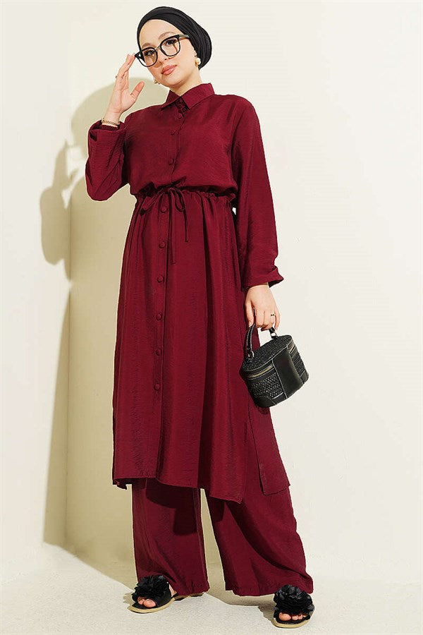 2 Piece Set with Belt Tunic and Long Collar, Burgundy