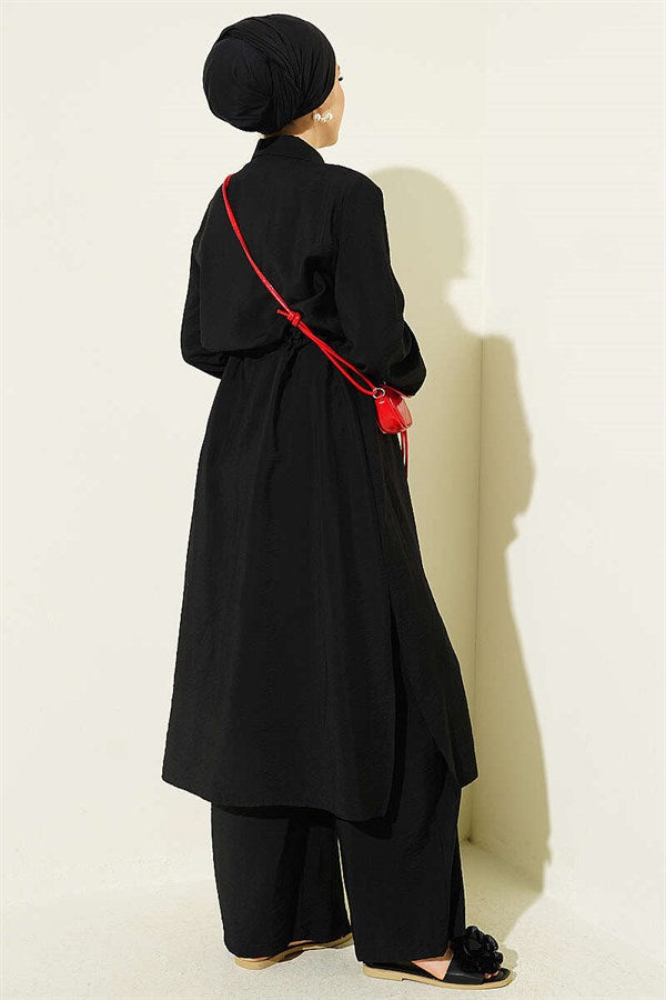 2 Piece Set with Waist Tunic and Long Collar, Black