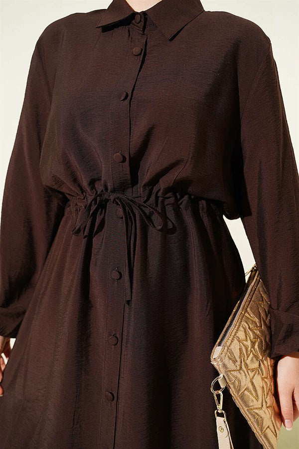 2 Piece Set: Belted Shirt Collar Long Tunic, Coffee color.