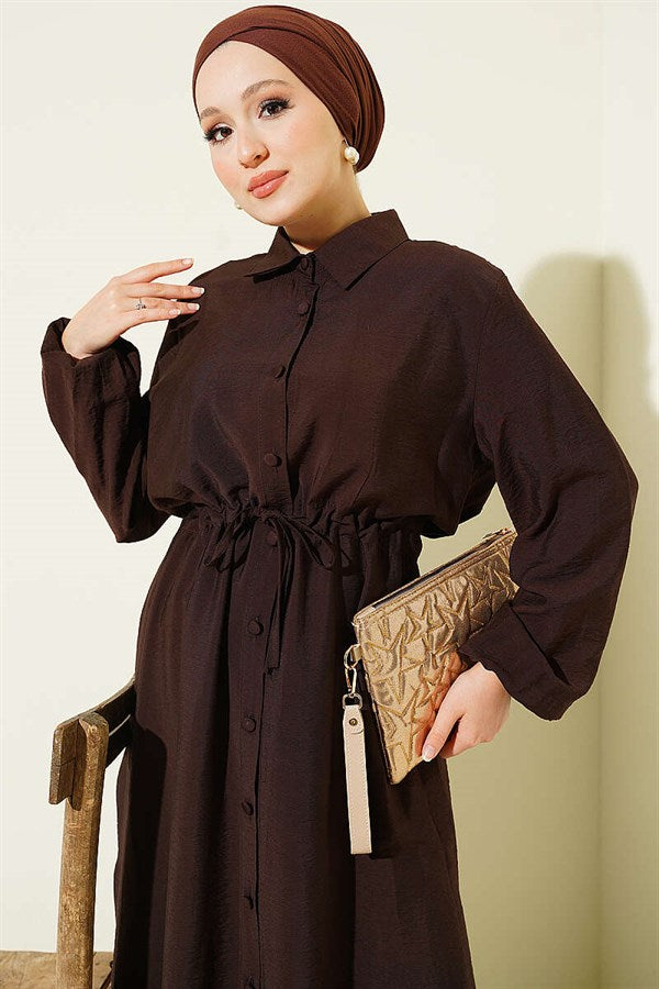 2 Piece Set: Belted Shirt Collar Long Tunic, Coffee color.