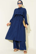 2 Piece Set with Belt Tunic and Long Collar, Navy Blue