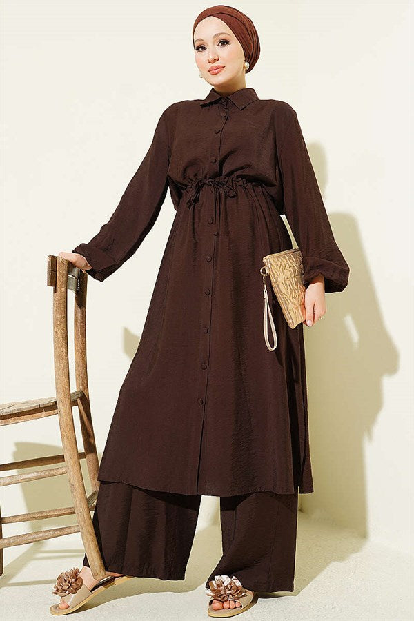 2 Piece Set: Belted Shirt Collar Long Tunic, Coffee color.
