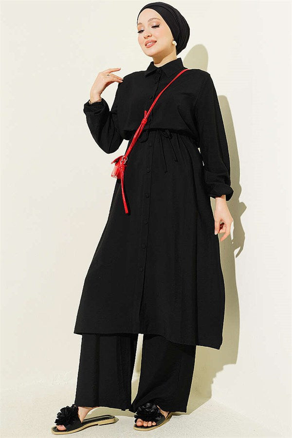 2 Piece Set with Waist Tunic and Long Collar, Black