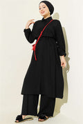 2 Piece Set with Waist Tunic and Long Collar, Black