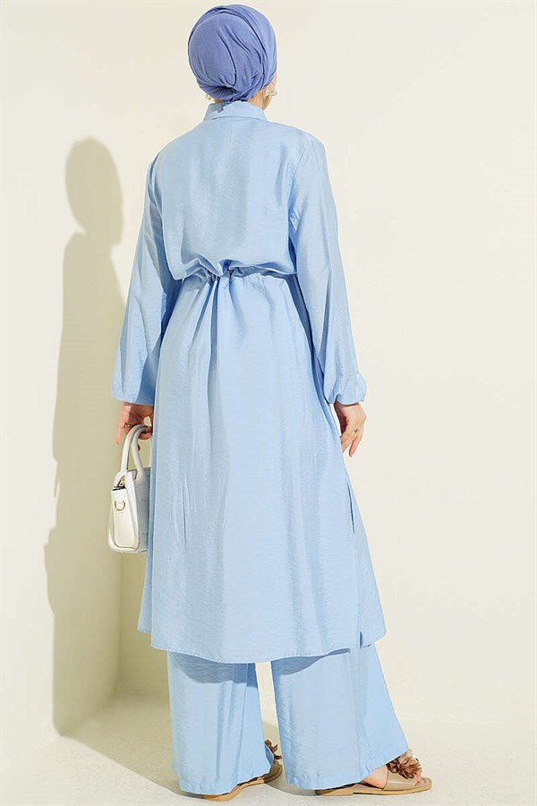 2 Piece Set with Waist Tunic and Long Collar, Blue