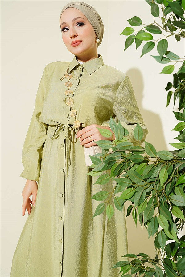 2 Piece Set with Belt Tunic and Long Collar, Light Green
