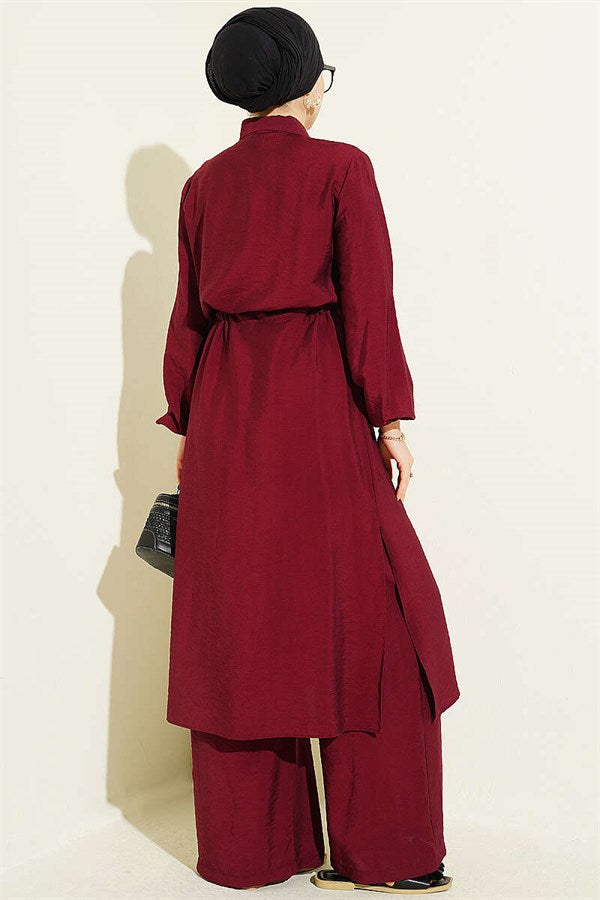 2 Piece Set with Belt Tunic and Long Collar, Burgundy