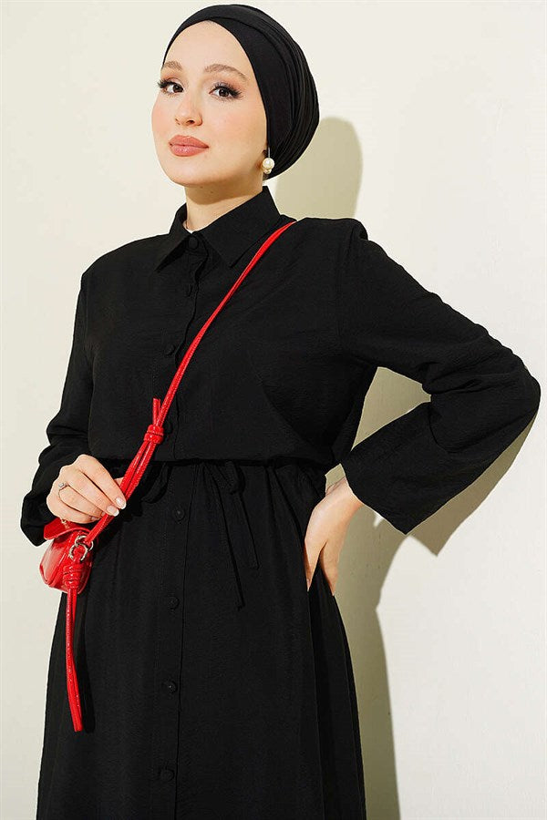 2 Piece Set with Waist Tunic and Long Collar, Black