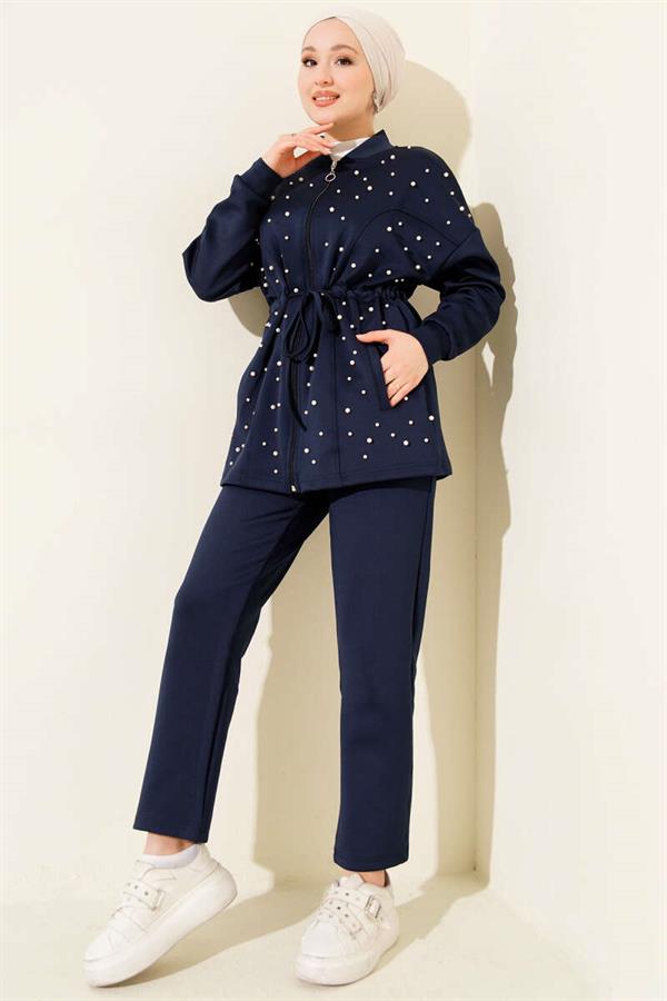 Waist Tunnel Pearl Embellished Scuba 2 Piece Set Navy Blue