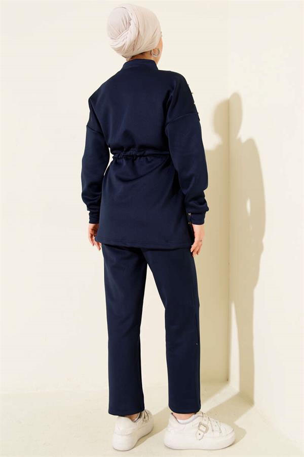 Waist Tunnel Pearl Embellished Scuba 2 Piece Set Navy Blue