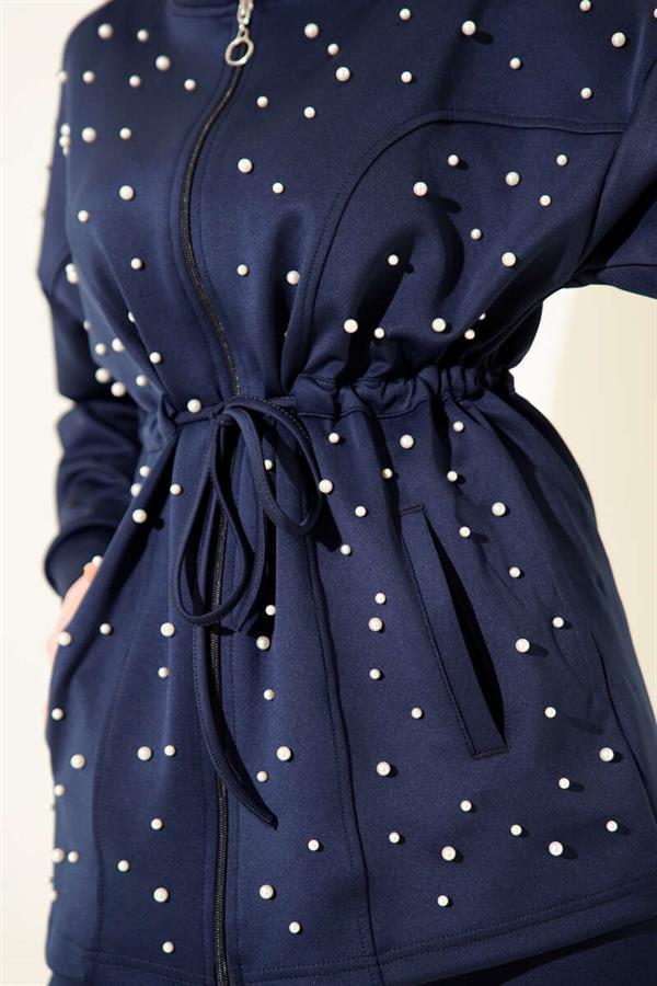 Waist Tunnel Pearl Embellished Scuba 2 Piece Set Navy Blue