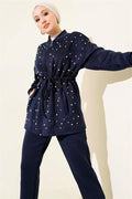 Waist Tunnel Pearl Embellished Scuba 2 Piece Set Navy Blue