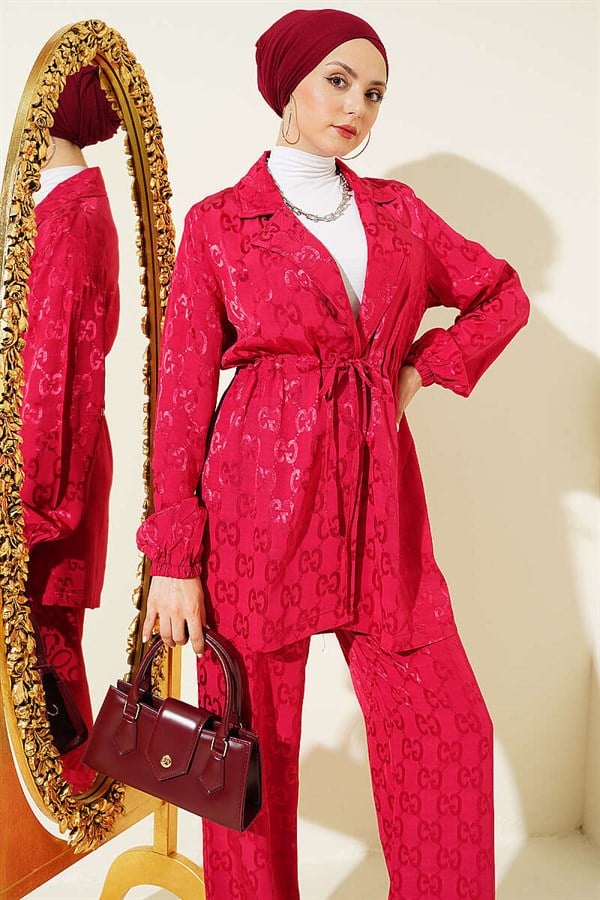 2 Piece Set with Jacquard Pattern and Belt, Burgundy