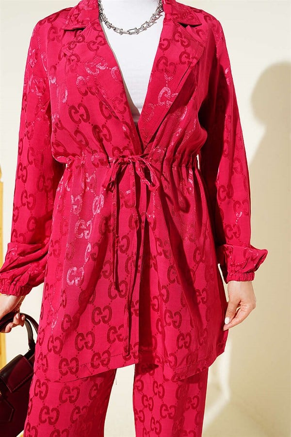 2 Piece Set with Jacquard Pattern and Belt, Burgundy