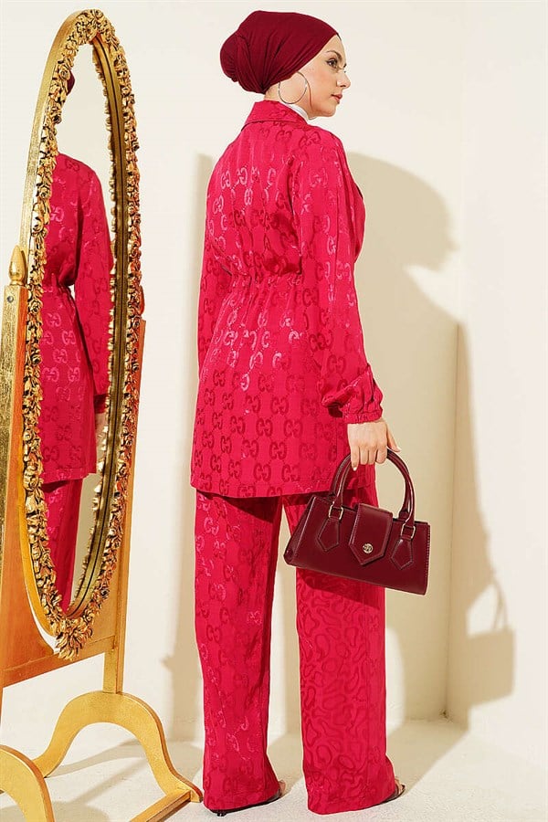 2 Piece Set with Jacquard Pattern and Belt, Burgundy
