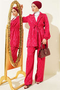 2 Piece Set with Jacquard Pattern and Belt, Burgundy