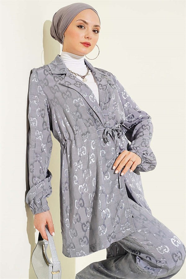 Waist Tunnel Jacquard Patterned 2 Piece Set in Grey